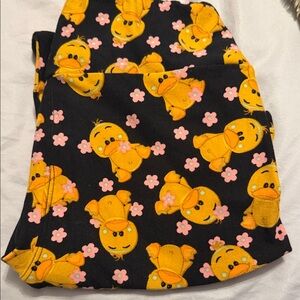LuLaRoe Black Leggings with Yellow Duck and Pink Flower Print